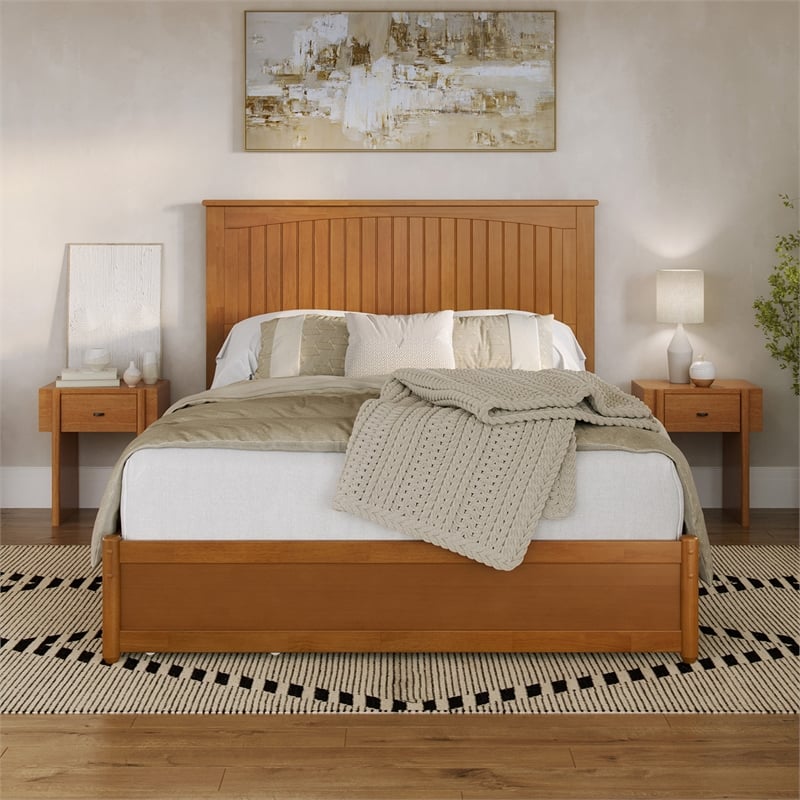 Malta Queen Wood Platform Bed with Panel Footboard & Drawers in Light Toffee