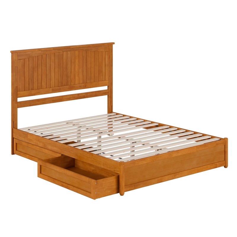 Malta Queen Wood Platform Bed with Panel Footboard & Drawers in Light Toffee