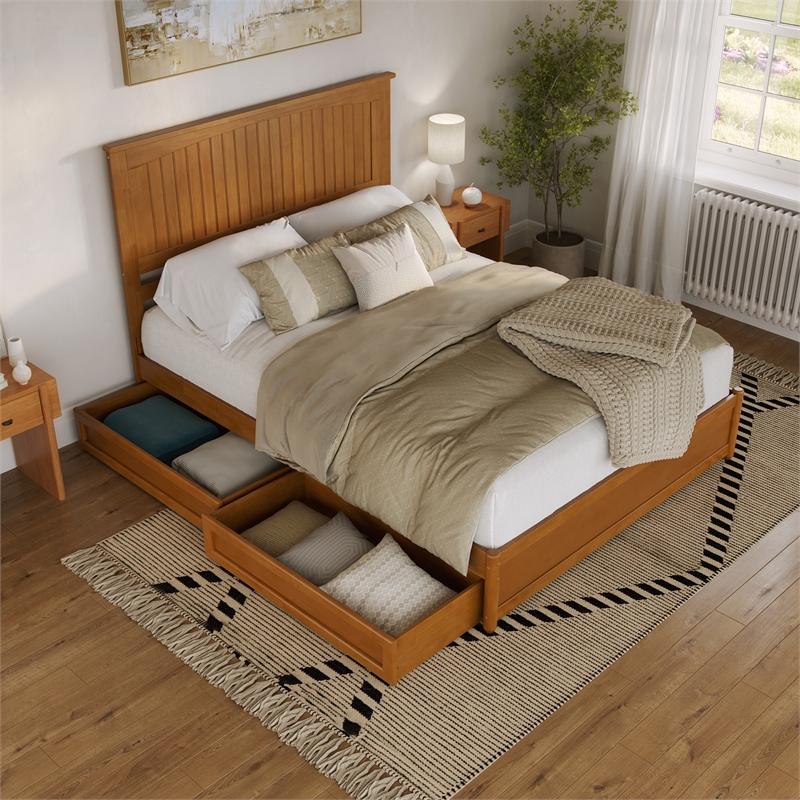 Malta Queen Wood Platform Bed with Panel Footboard & Drawers in Light Toffee