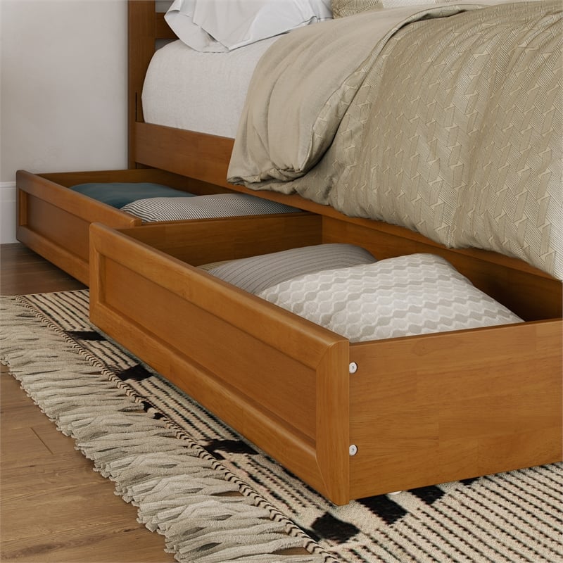 Malta Queen Wood Platform Bed with Panel Footboard & Drawers in Light Toffee