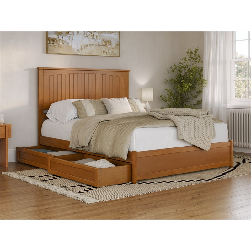 Malta Queen Wood Platform Bed with Panel Footboard & Drawers in Light Toffee