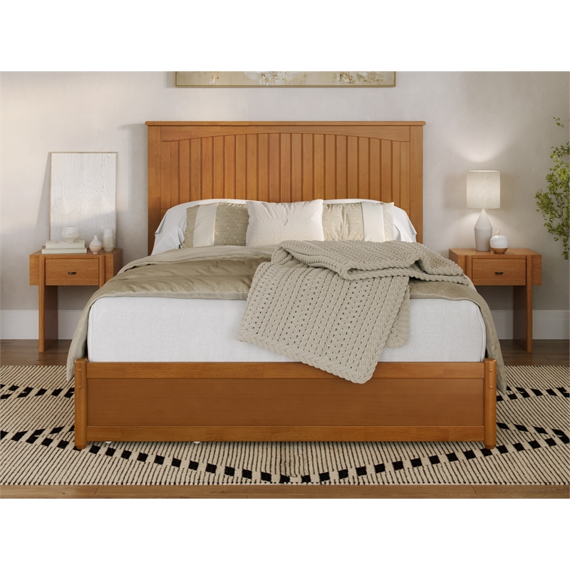 Malta Queen Wood Platform Bed with Panel Footboard & Drawers in Light Toffee