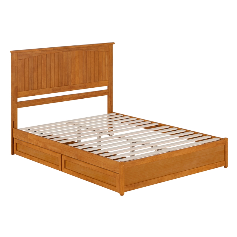 Malta Queen Wood Platform Bed with Panel Footboard & Drawers in Light Toffee