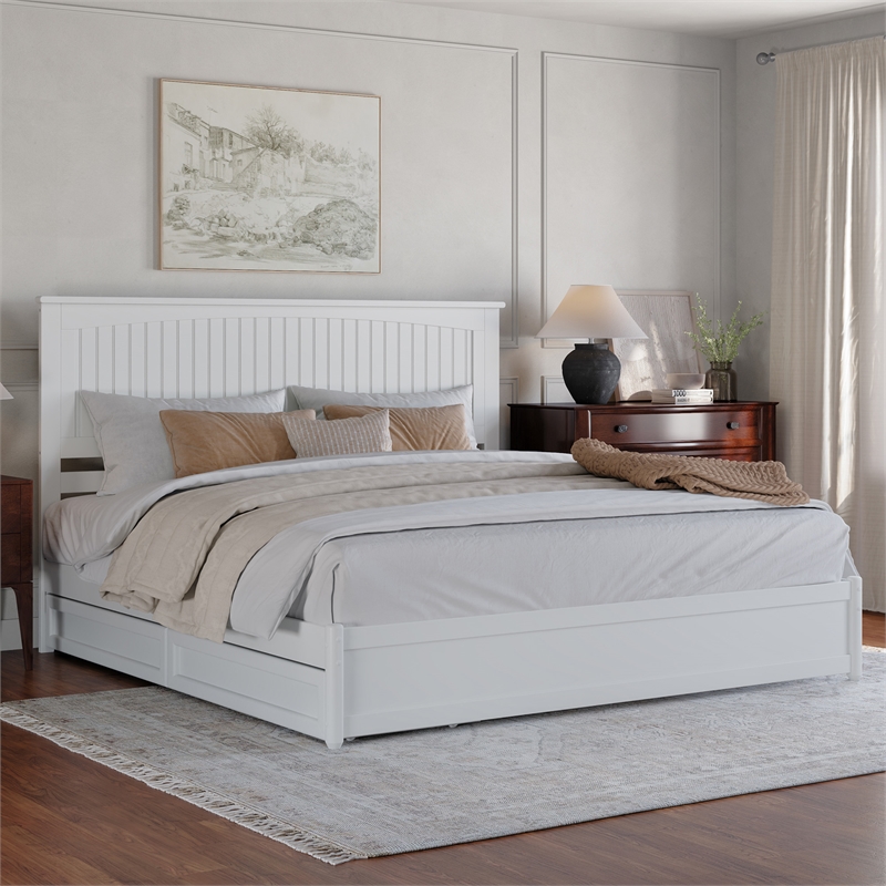 Malta King Wood Platform Bed with Panel Footboard and Storage Drawers in White