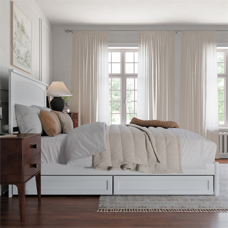Malta King Wood Platform Bed with Panel Footboard and Storage Drawers in White