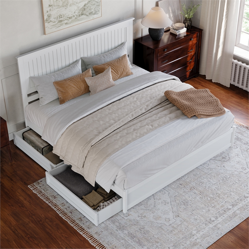 Malta King Wood Platform Bed with Panel Footboard and Storage Drawers in White
