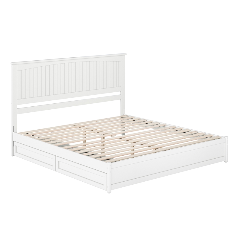 Malta King Wood Platform Bed with Panel Footboard and Storage Drawers in White