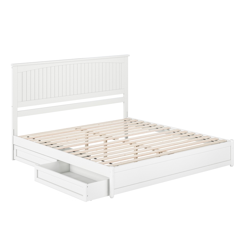 Malta King Wood Platform Bed with Panel Footboard and Storage Drawers in White