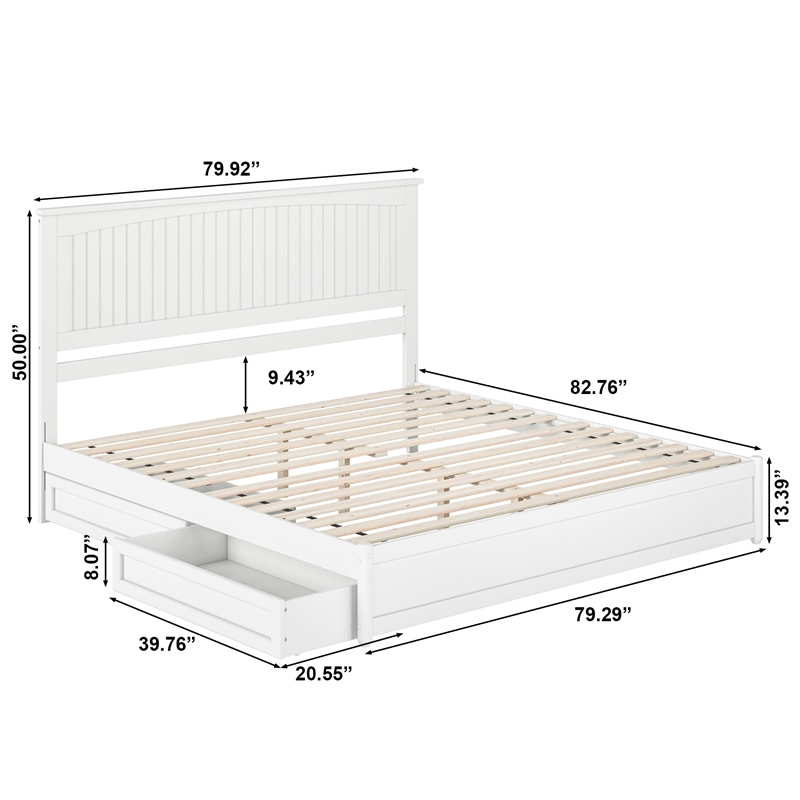 Malta King Wood Platform Bed with Panel Footboard and Storage Drawers in White