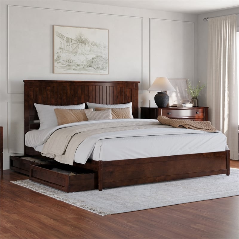 Malta King Wood Platform Bed with Panel Footboard and Storage Drawers in Walnut