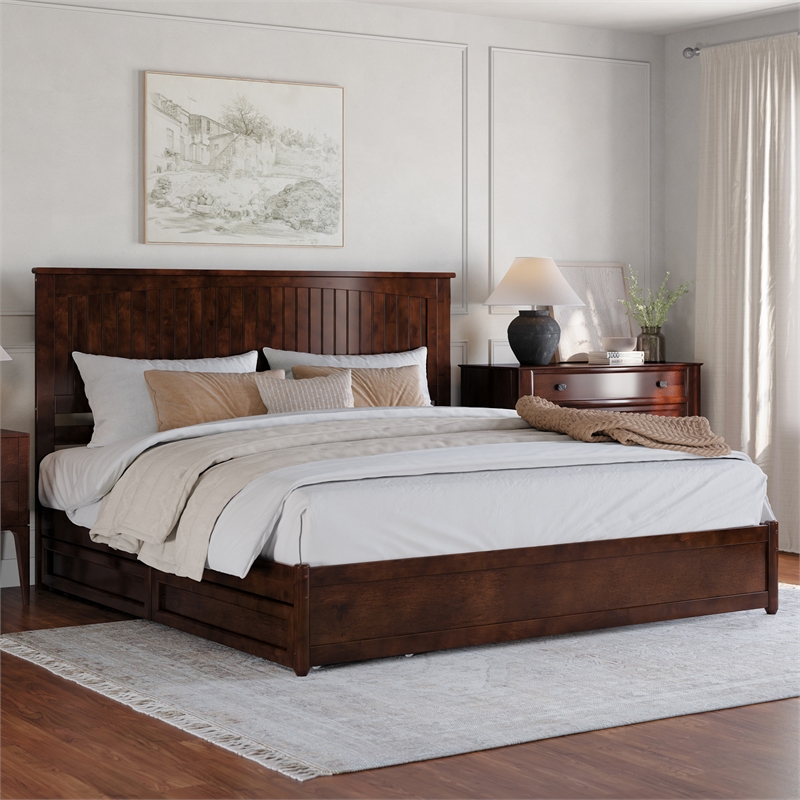 Malta King Wood Platform Bed with Panel Footboard and Storage Drawers in Walnut