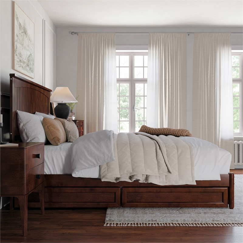 Malta King Wood Platform Bed with Panel Footboard and Storage Drawers in Walnut