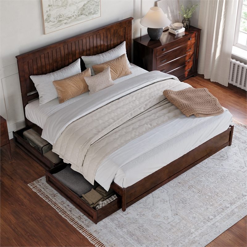 Malta King Wood Platform Bed with Panel Footboard and Storage Drawers in Walnut