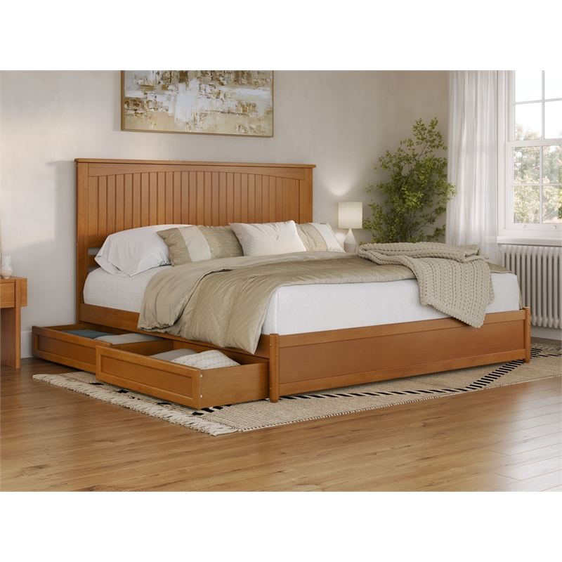 Malta King Wood Platform Bed with Panel Footboard & Drawers in Light Toffee