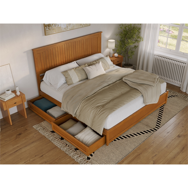 Malta King Wood Platform Bed with Panel Footboard & Drawers in Light Toffee