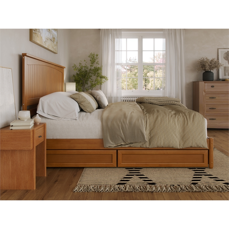 Malta King Wood Platform Bed with Panel Footboard & Drawers in Light Toffee