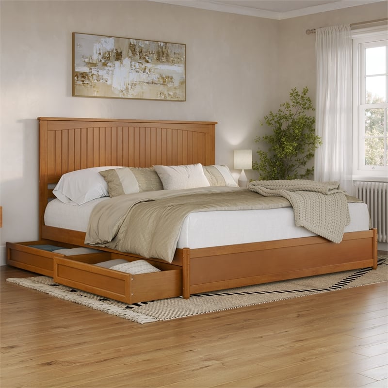 Malta King Wood Platform Bed with Panel Footboard & Drawers in Light Toffee