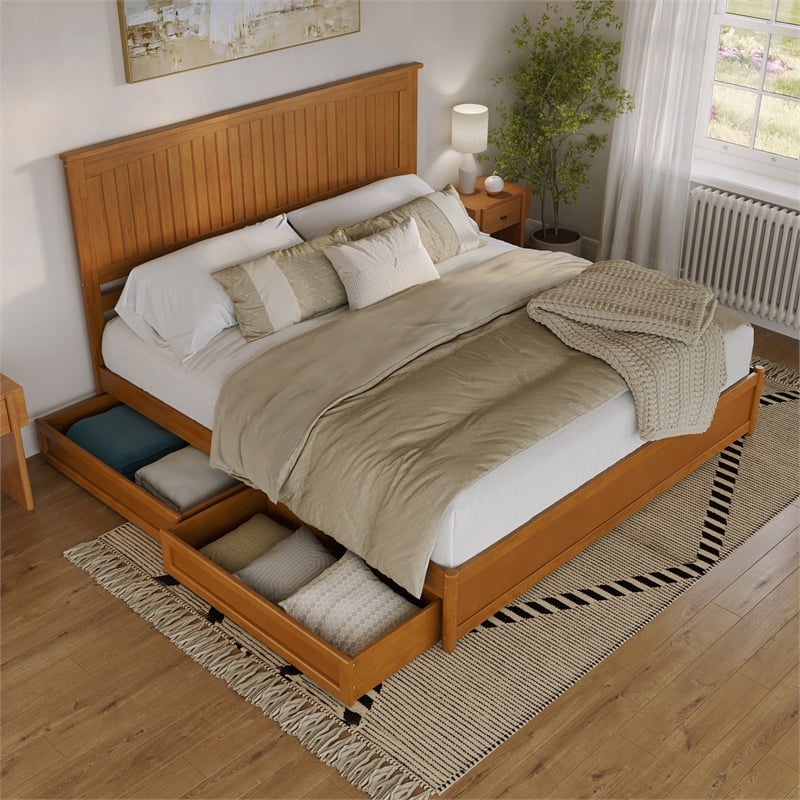 Malta King Wood Platform Bed with Panel Footboard & Drawers in Light Toffee