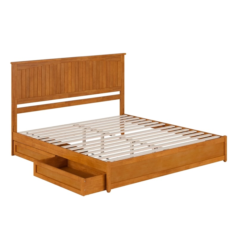 Malta King Wood Platform Bed with Panel Footboard & Drawers in Light Toffee