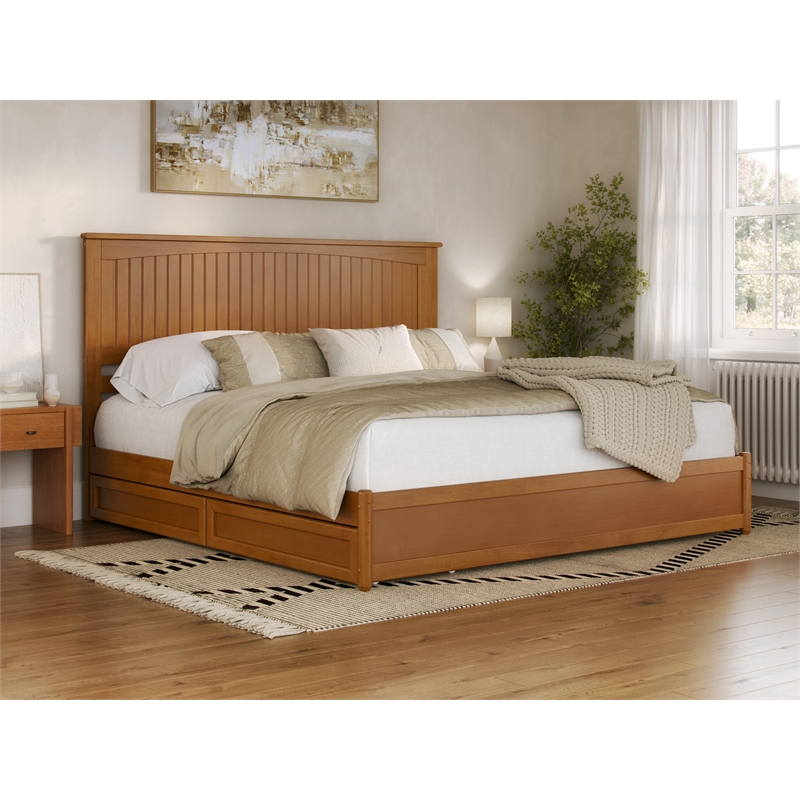 Malta King Wood Platform Bed with Panel Footboard & Drawers in Light Toffee