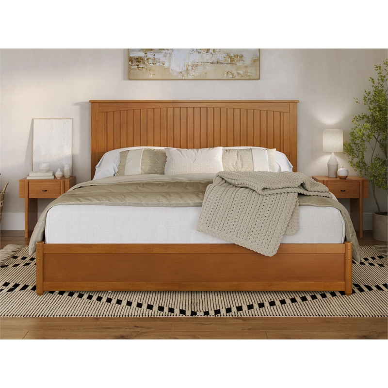 Malta King Wood Platform Bed with Panel Footboard & Drawers in Light Toffee
