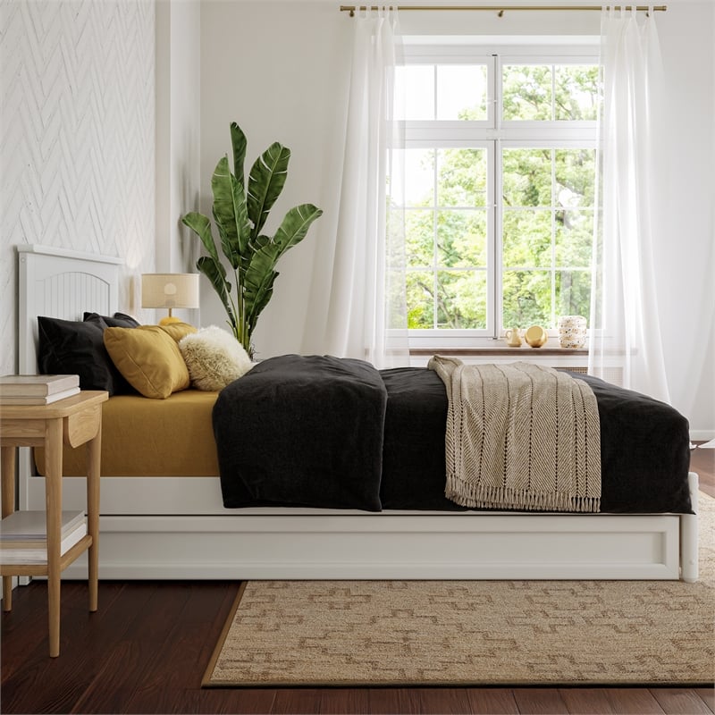 Malta Twin XL Wood Platform Bed with Panel Footboard & Twin XL Trundle in White