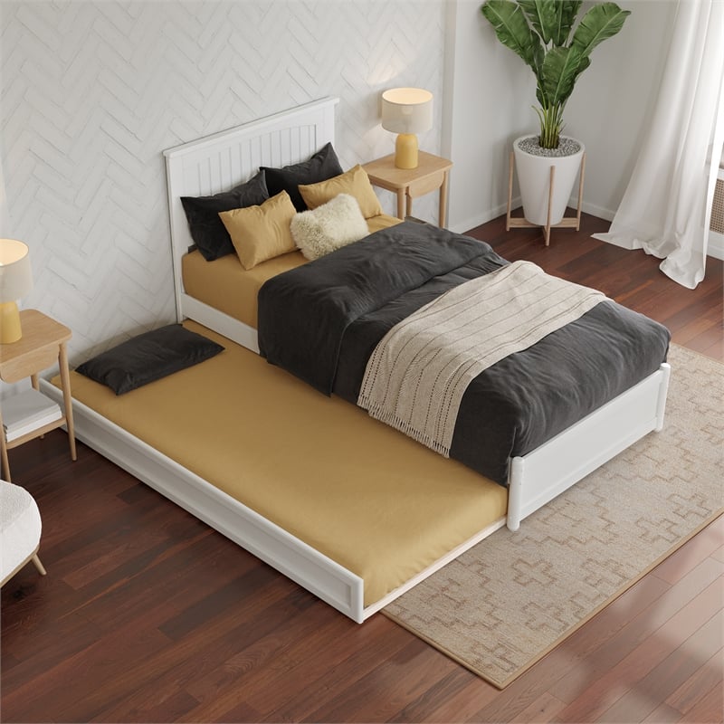 Malta Twin XL Wood Platform Bed with Panel Footboard & Twin XL Trundle in White