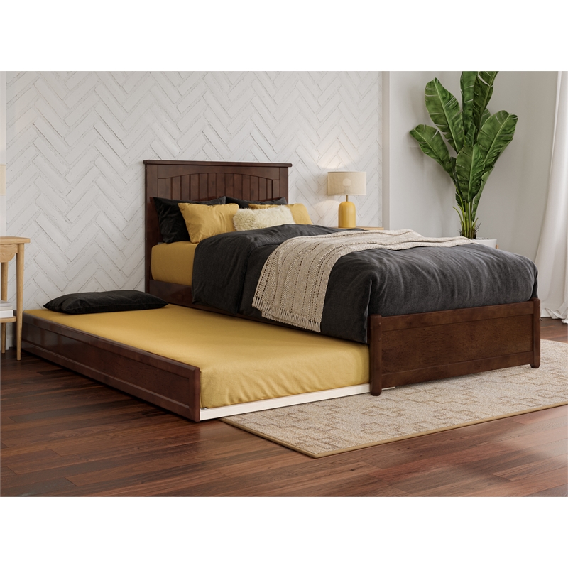 Malta Twin XL Wood Platform Bed with Panel Footboard & Twin XL Trundle in Walnut