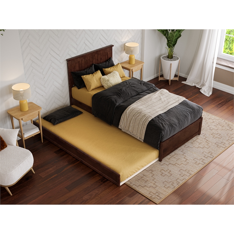 Malta Twin XL Wood Platform Bed with Panel Footboard & Twin XL Trundle in Walnut