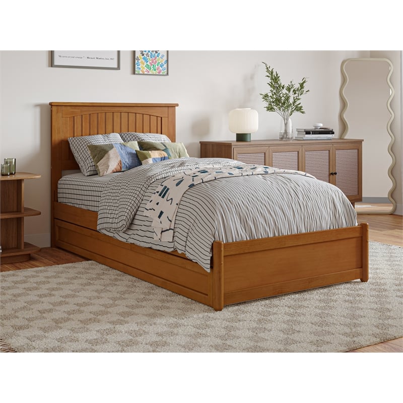 Malta Twin XL Platform Bed with Panel Footboard & TXL Trundle in Light Toffee