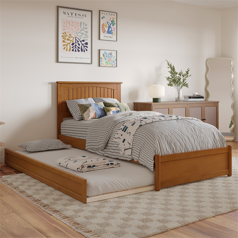 Malta Twin XL Platform Bed with Panel Footboard & TXL Trundle in Light Toffee