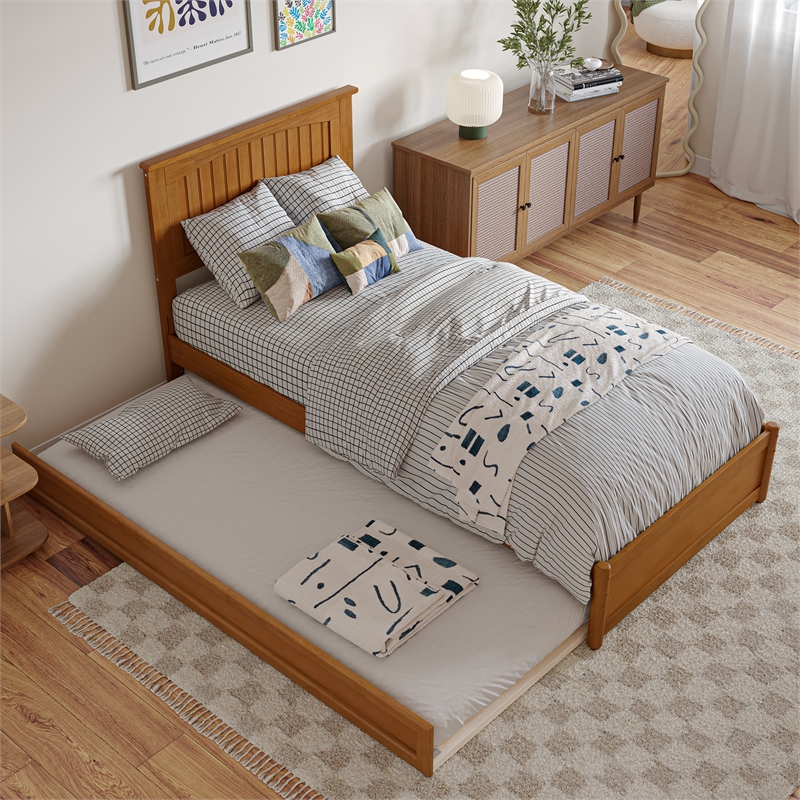 Malta Twin XL Platform Bed with Panel Footboard & TXL Trundle in Light Toffee