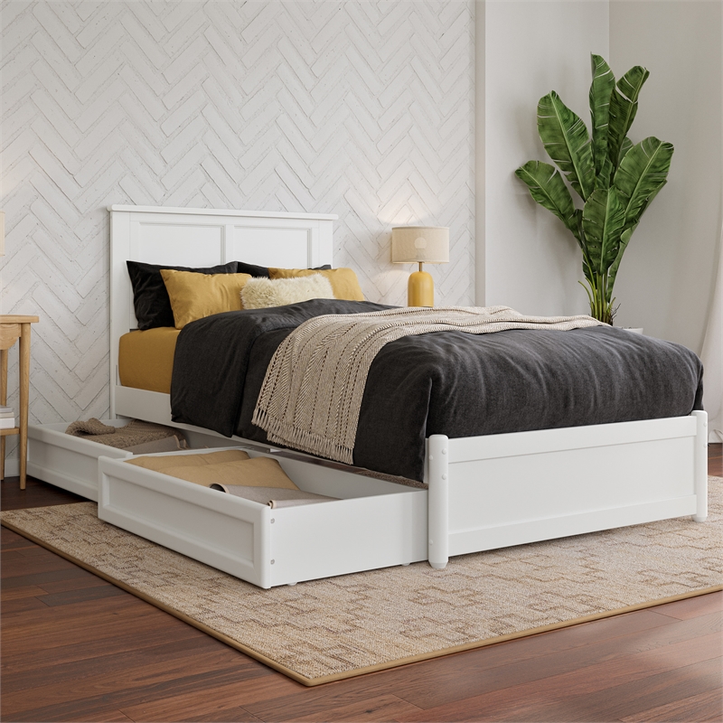 Felicity Twin XL Wood Platform Bed with Panel Footboard & Drawers in White