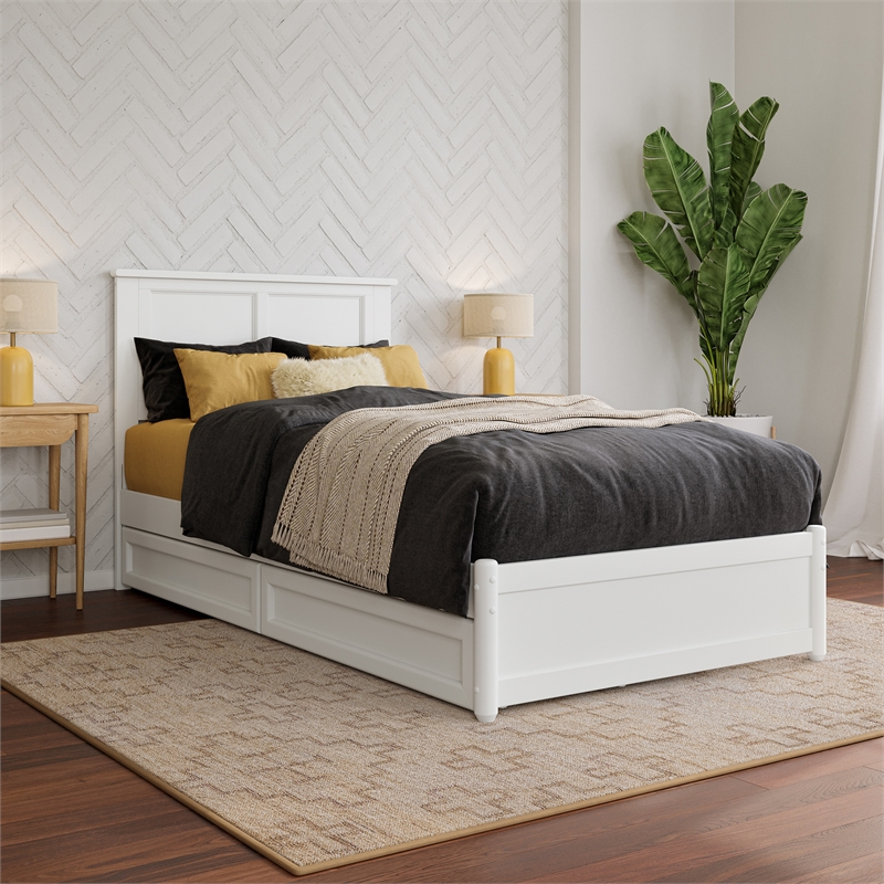 Felicity Twin XL Wood Platform Bed with Panel Footboard & Drawers in White