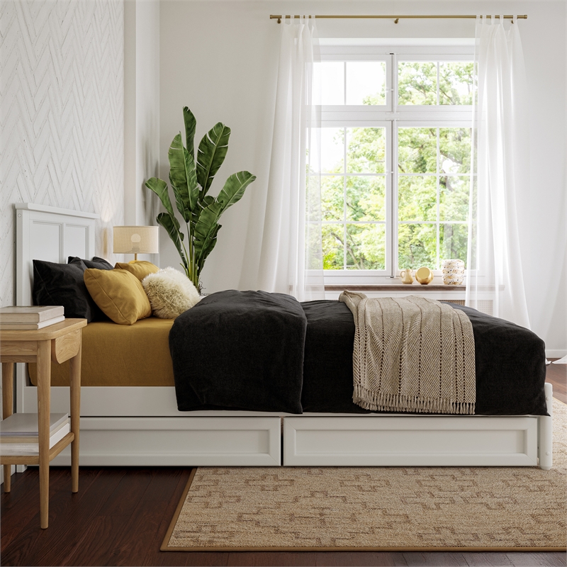 Felicity Twin XL Wood Platform Bed with Panel Footboard & Drawers in White