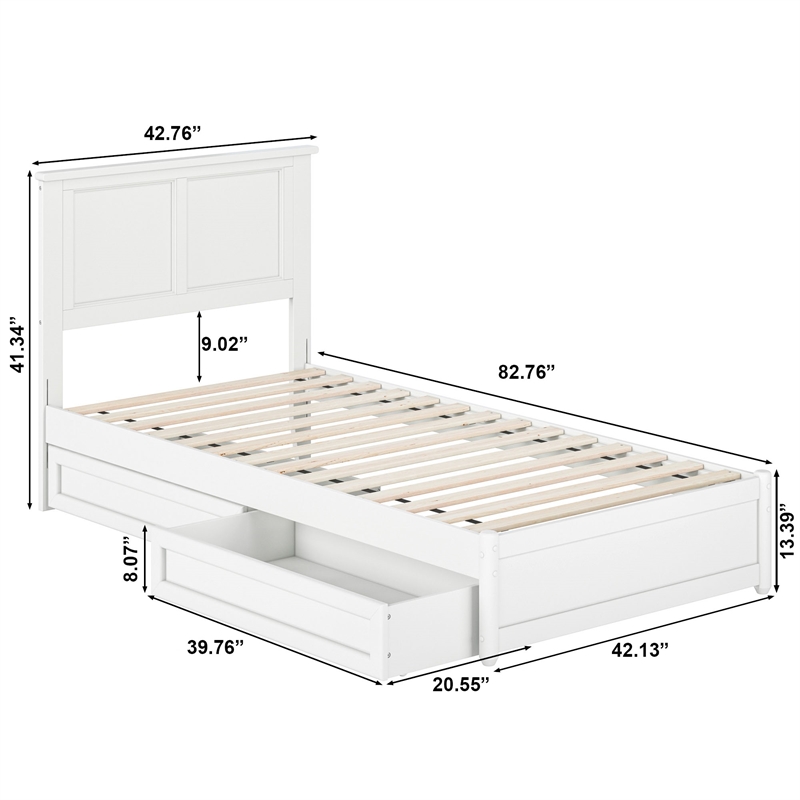 Felicity Twin XL Wood Platform Bed with Panel Footboard & Drawers in White