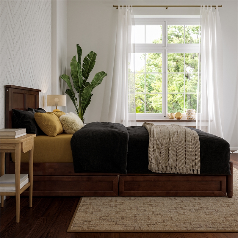 Felicity Twin XL Wood Platform Bed with Panel Footboard & Drawers in Walnut