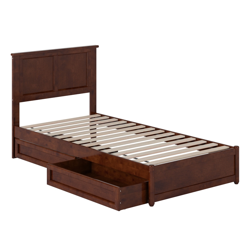Felicity Twin XL Wood Platform Bed with Panel Footboard & Drawers in Walnut