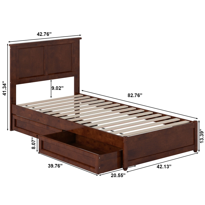Felicity Twin XL Wood Platform Bed with Panel Footboard & Drawers in Walnut