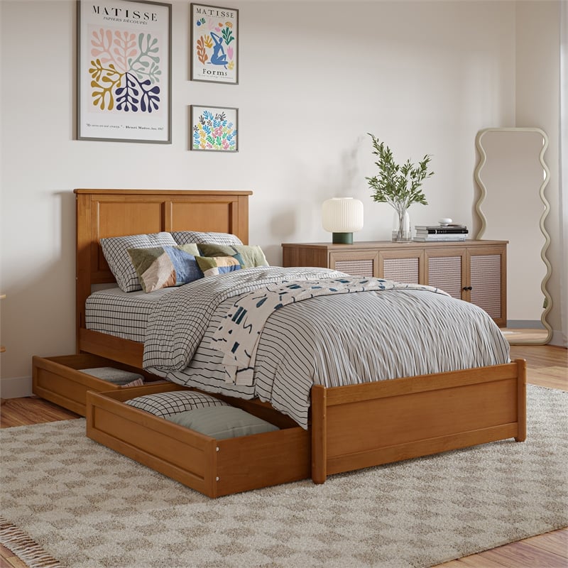 Felicity  Wood Platform Bed with Panel Footboard & Drawers in Light Toffee