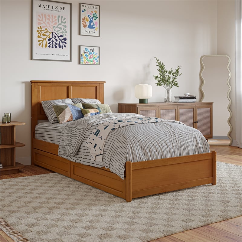 Felicity  Wood Platform Bed with Panel Footboard & Drawers in Light Toffee