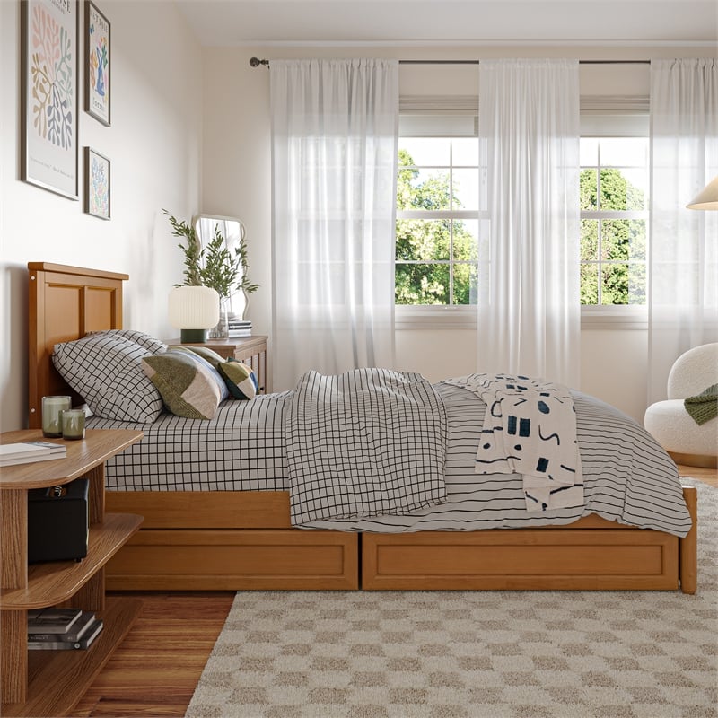 Felicity  Wood Platform Bed with Panel Footboard & Drawers in Light Toffee