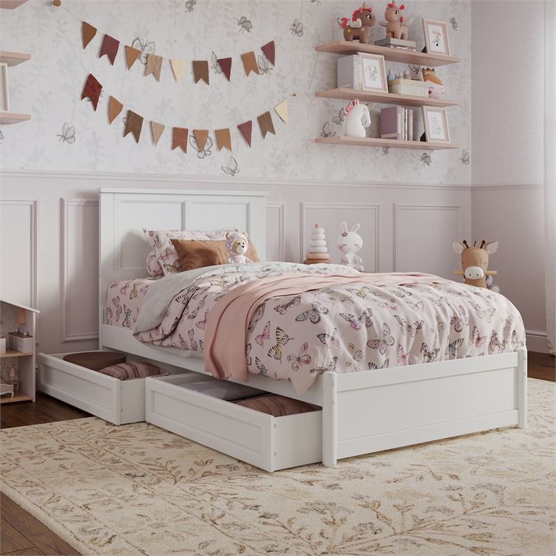 Felicity Twin Wood Platform Bed with Panel Footboard & Storage Drawers in White