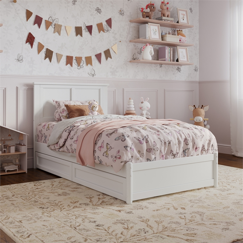 Felicity Twin Wood Platform Bed with Panel Footboard & Storage Drawers in White
