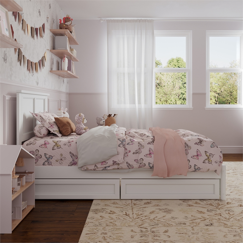 Felicity Twin Wood Platform Bed with Panel Footboard & Storage Drawers in White