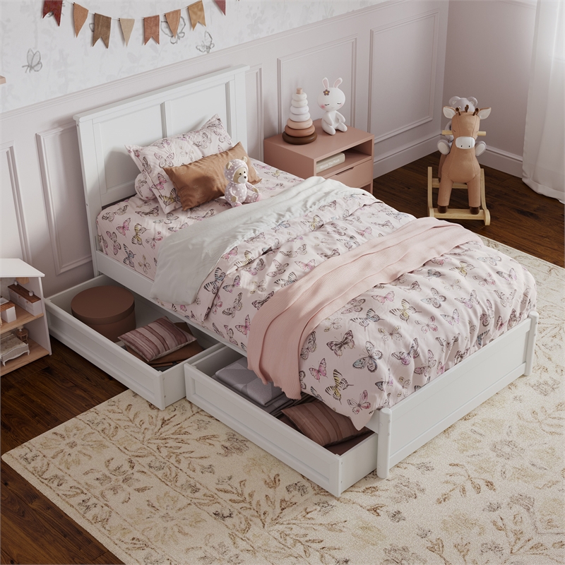 Felicity Twin Wood Platform Bed with Panel Footboard & Storage Drawers in White