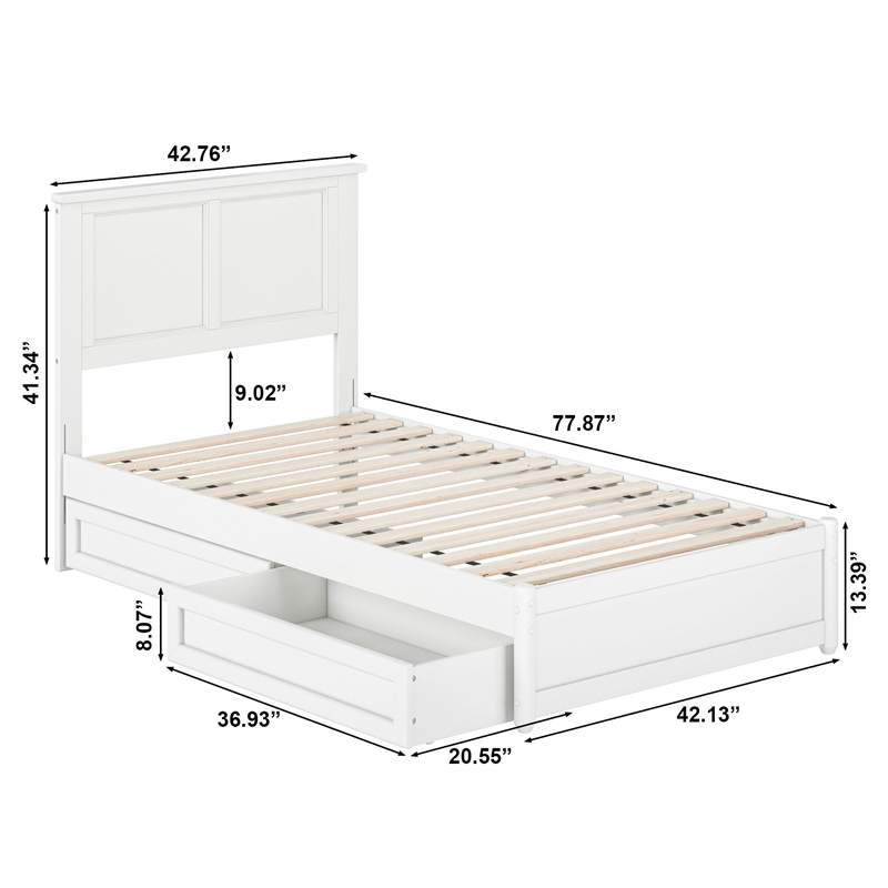Felicity Twin Wood Platform Bed with Panel Footboard & Storage Drawers in White