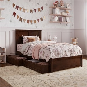 Felicity Twin Wood Platform Bed with Panel Footboard & Storage Drawers in Walnut