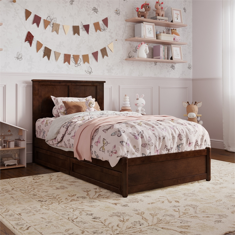 Felicity Twin Wood Platform Bed with Panel Footboard & Storage Drawers in Walnut