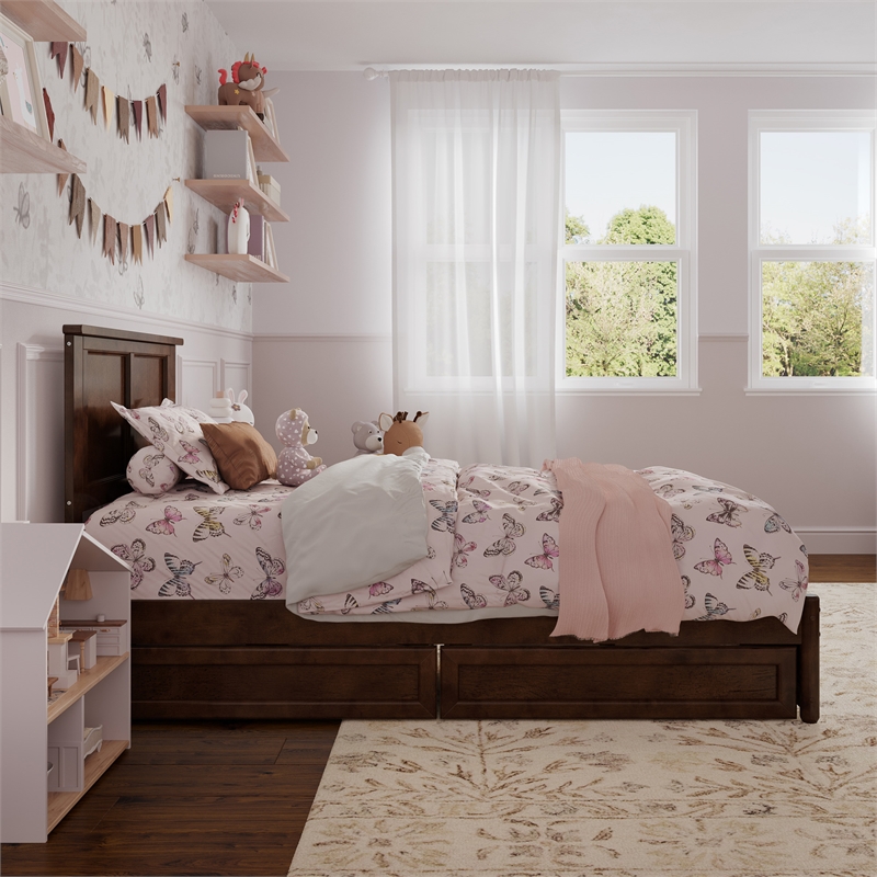 Felicity Twin Wood Platform Bed with Panel Footboard & Storage Drawers in Walnut